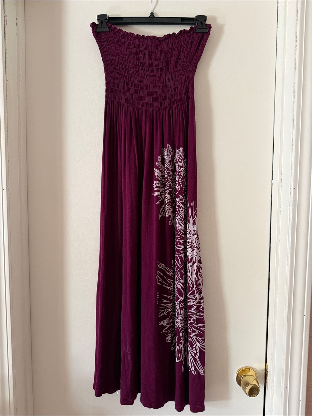 Strapless Smocked Maxi Dress in Deep Plum with Floral Print